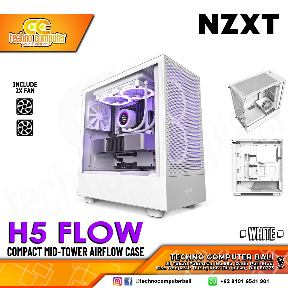 CASING NZXT H5 FLOW Edition Matte White - Mid Tower ATX Case Tempered Glass (Free 2x Fan)