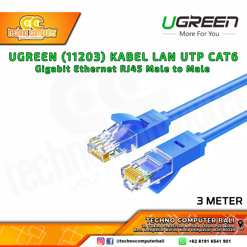 UGREEN KABEL JARINGAN - LAN Cat6 UTP Gigabit Ethernet RJ45 - (11203) 3M BLUE
