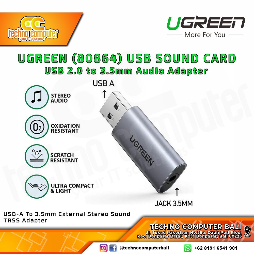UGREEN USB Sound Card External USB-A To 3.5mm External Stereo Sound TRSS Adapter - (80864)