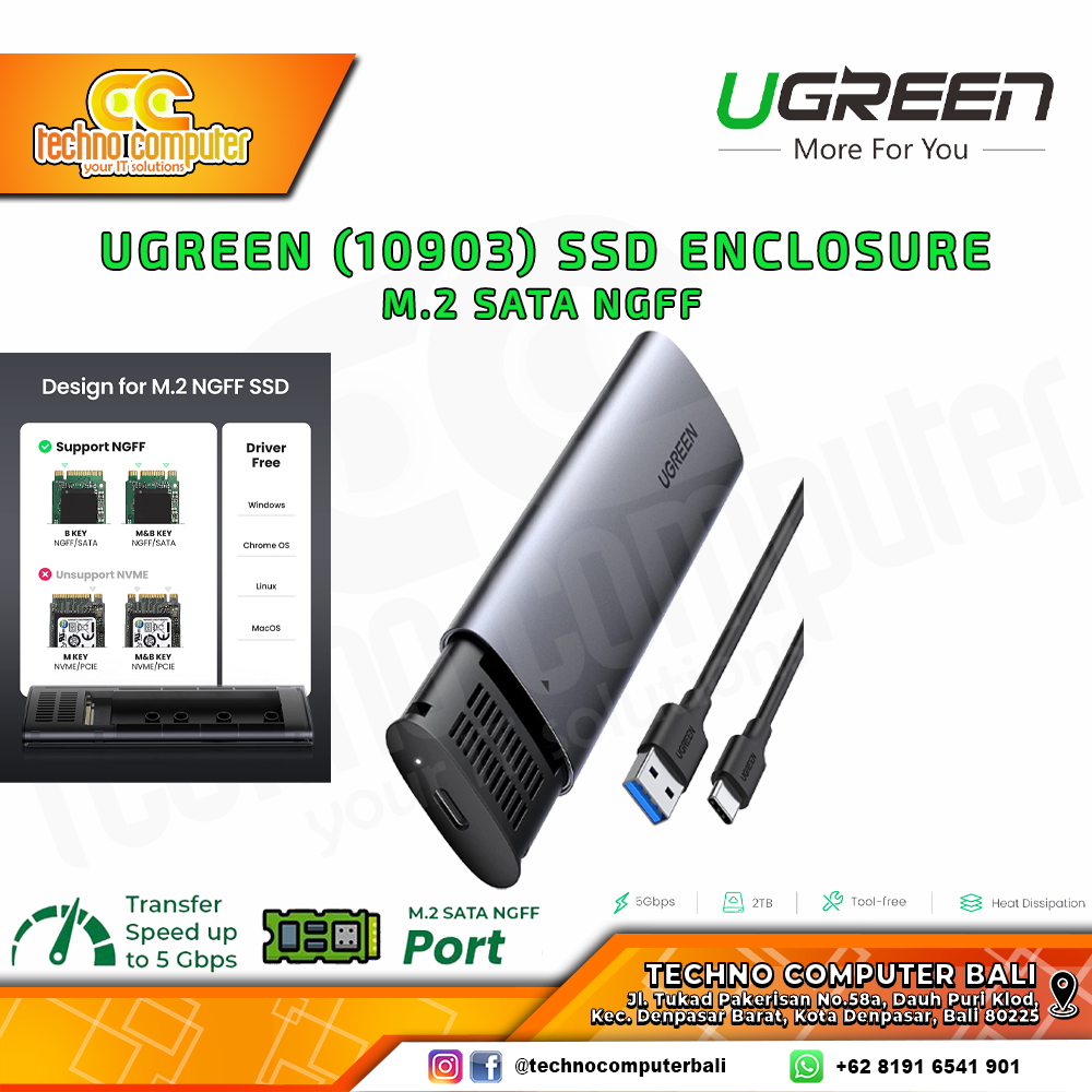 ENCLOSURE SSD M.2 SATA NGFF UGREEN (10903) USB 3.1 Gen 2 to B-Key