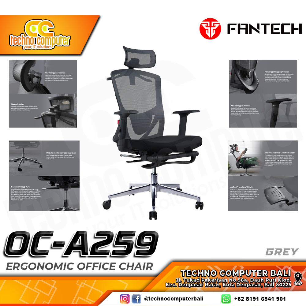 KURSI OFFICE FANTECH  OC-A259 ERGONOMIC OFFICE CHAIR - GREY