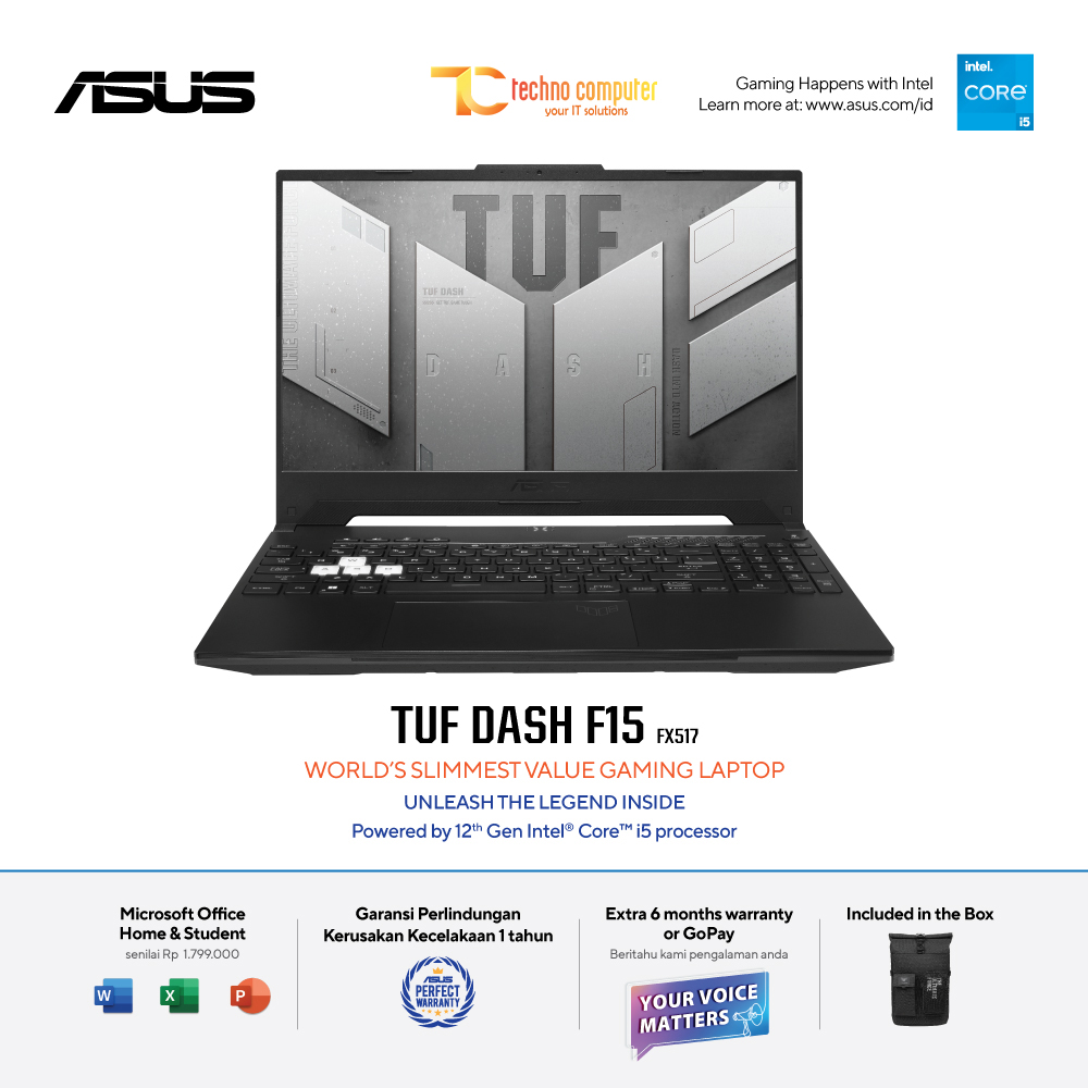 ASUS TUF Dash F15 (2022) [FX517ZC-I535B6T-O] Core i5-12450H/RAM 8GB/SSD 512TB/RTX 3050/Win11 Home