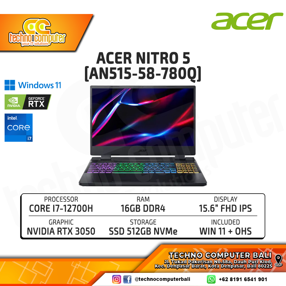 ACER Nitro 5 [AN515-58-780Q] Intel Core i7-12700H/RAM 16GB/SSD 512GB/RTX 3050/ Win11
