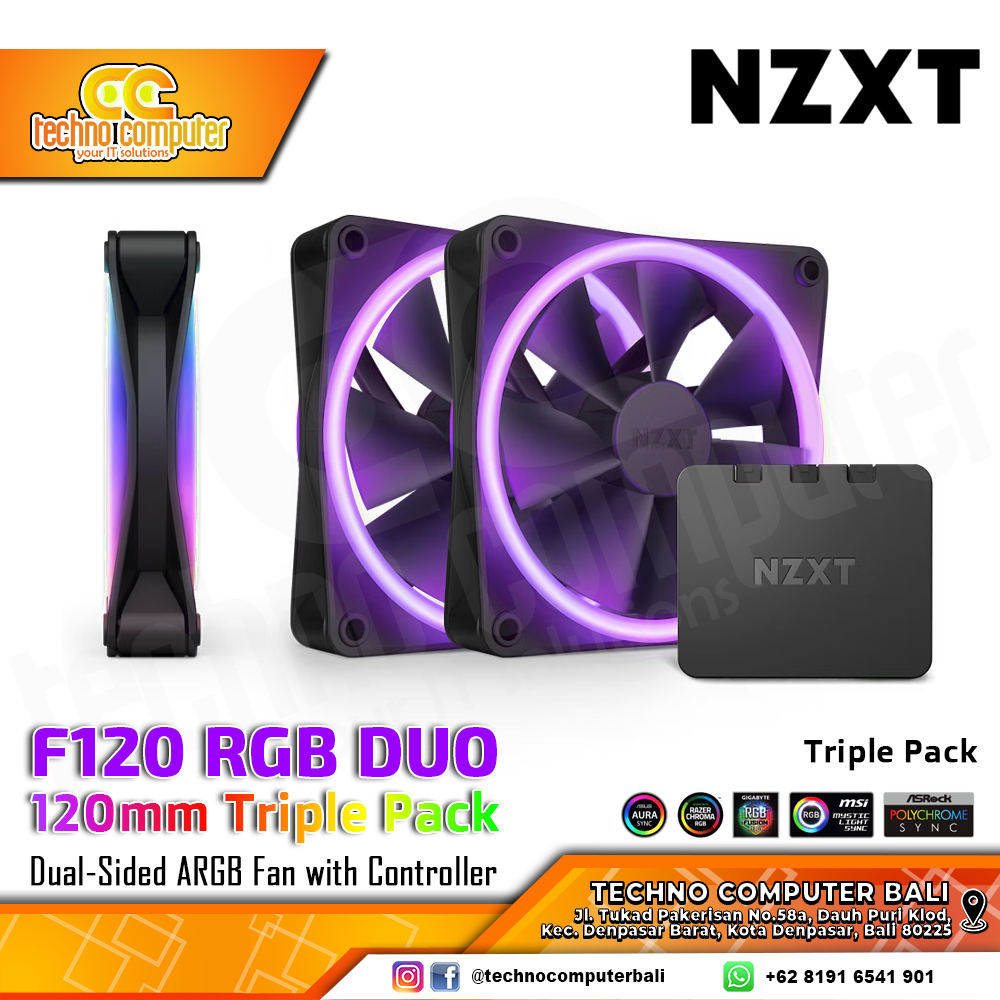 FAN CASING NZXT F120 RGB DUO BLACK - 120mm Triple Pack Dual-Sided ARGB Fan with Controller