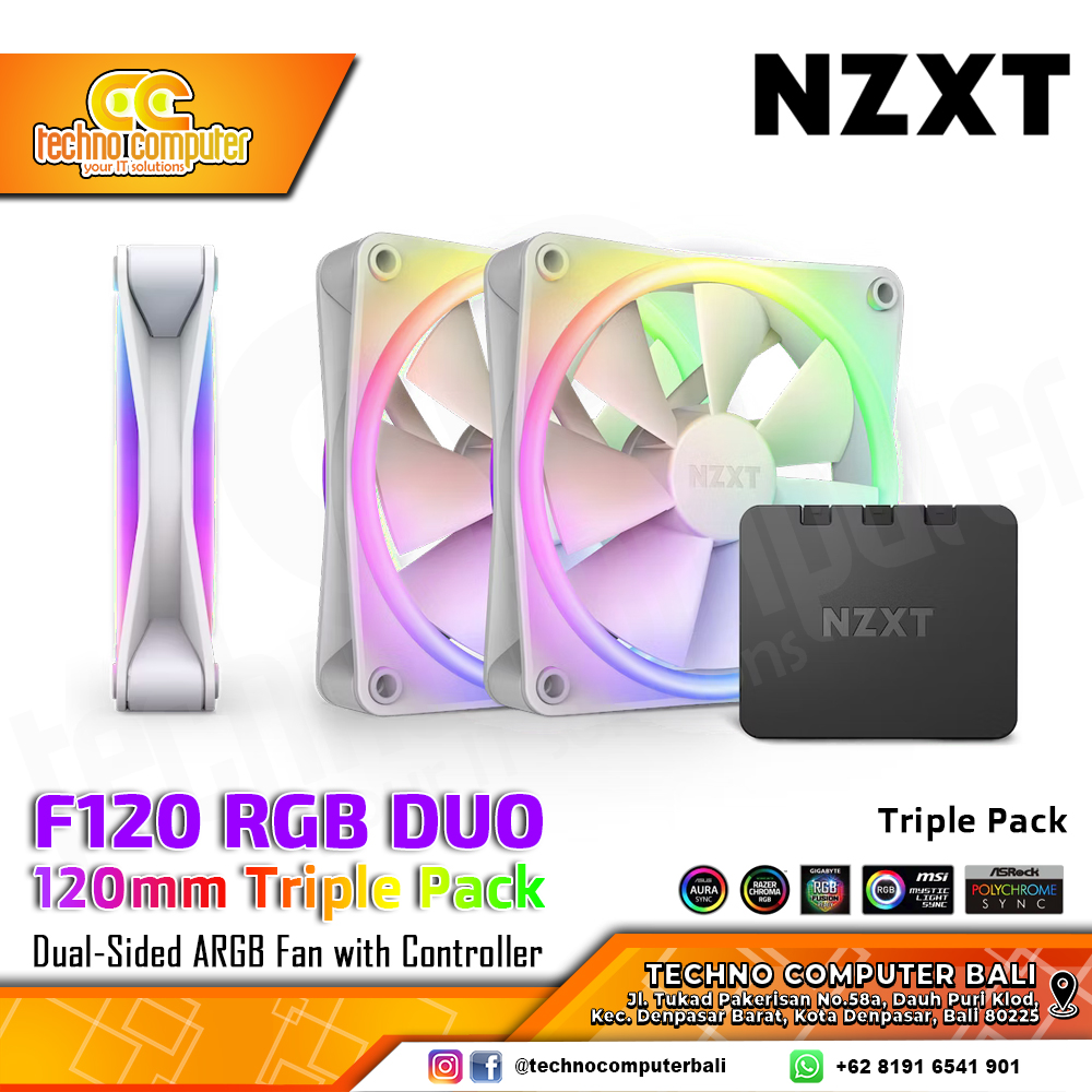 FAN CASING NZXT F120 RGB DUO WHITE - 120mm Triple Pack Dual-Sided ARGB Fan with Controller