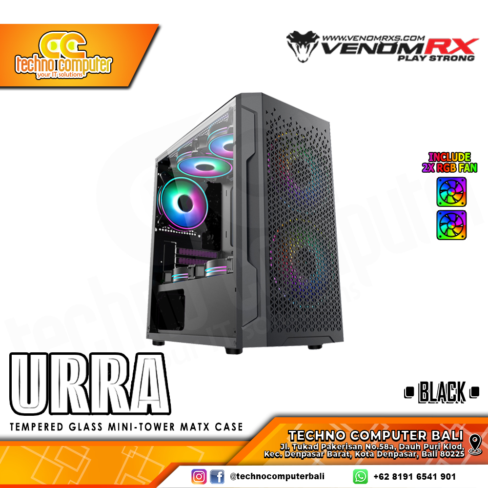 CASING VENOMRX URRA Black - Mini Tower mATX Case Tempered Glass (Free 2x RGB Fan)