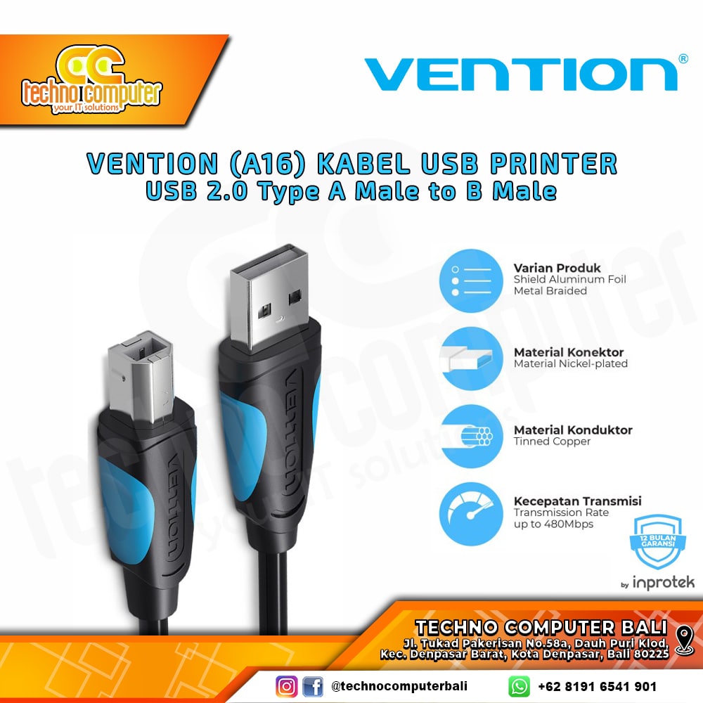 VENTION USB PRINTER - USB 2.0 Type A Male to B Male Printer - A16 1.5M