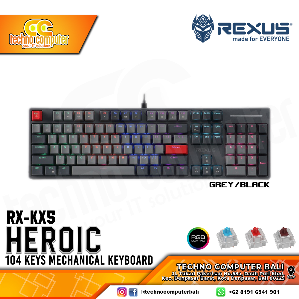 REXUS HEROIC KX5 Grey/Black - Mechanical Blue Switch - Gaming Keyboard