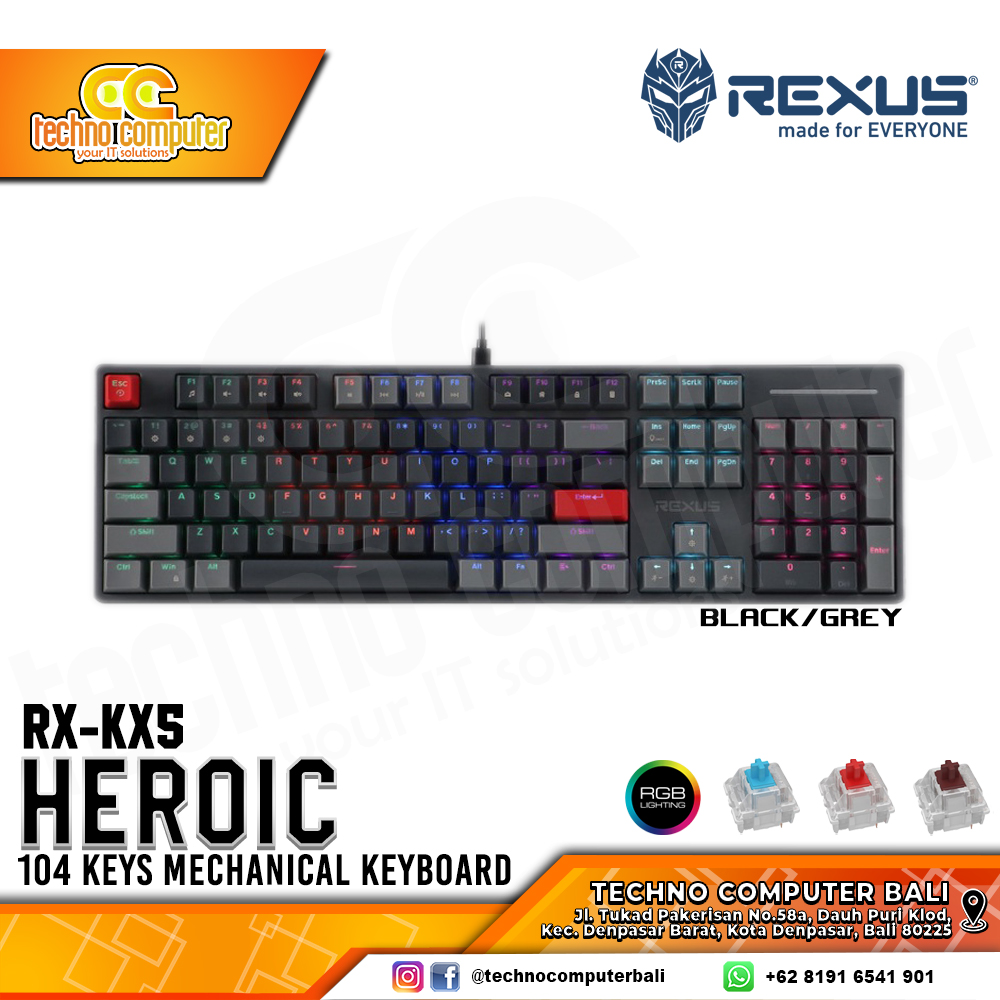 REXUS HEROIC KX5 Black/Grey - Mechanical Blue Switch - Gaming Keyboard