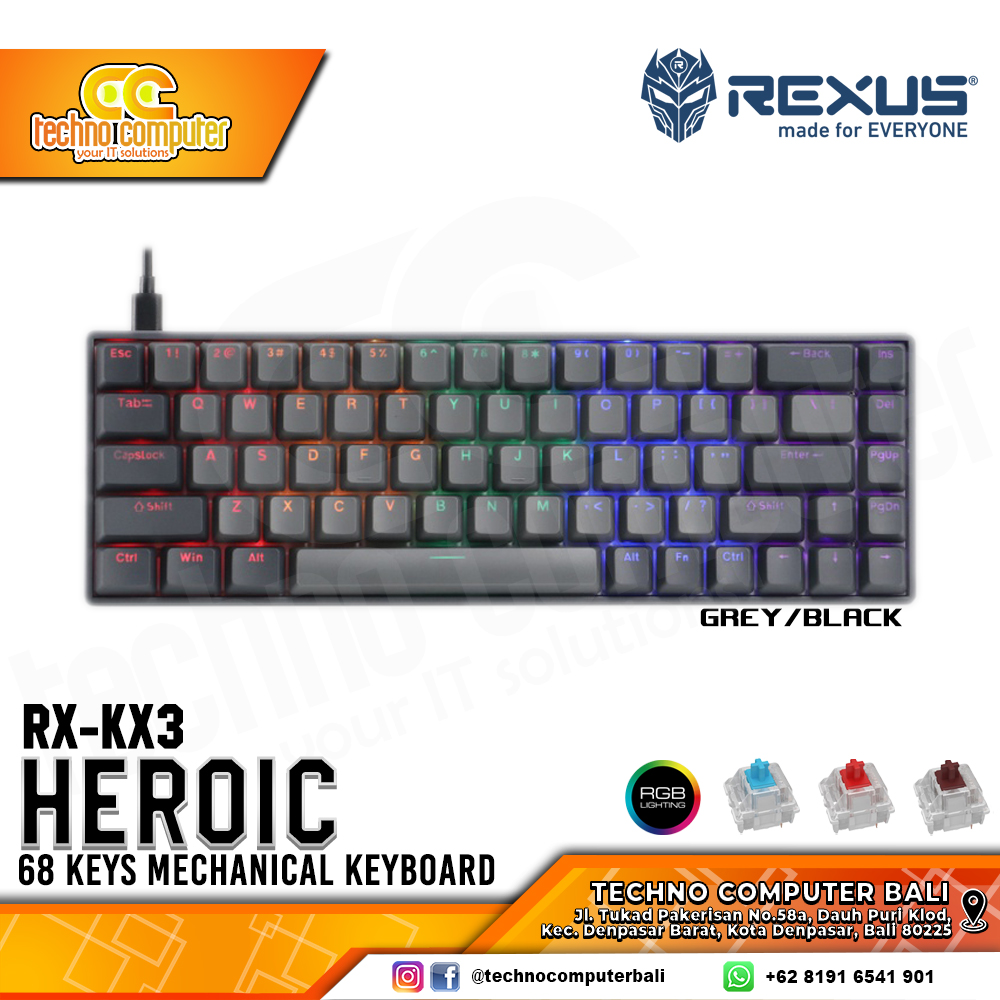 REXUS HEROIC KX3 Grey/Black - Mechanical Blue Switch - Gaming Keyboard