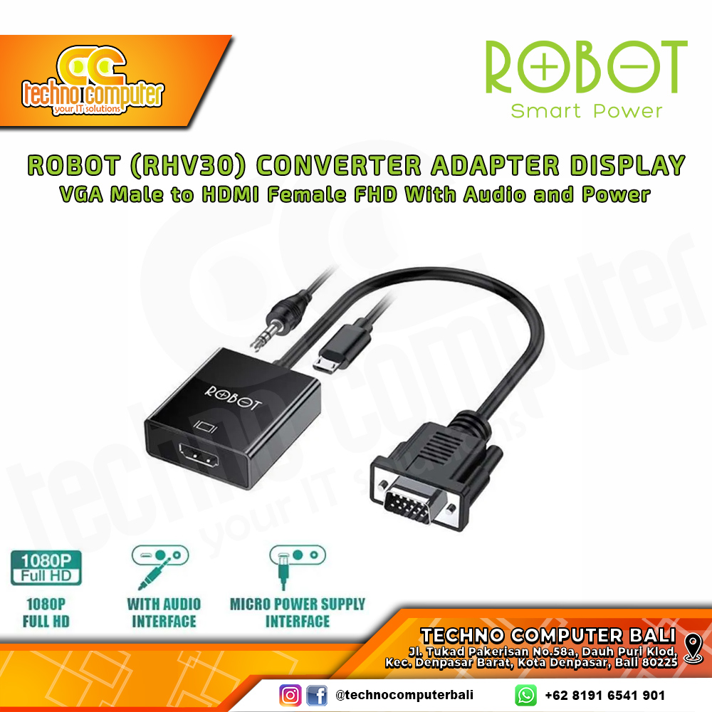 ROBOT CONVERTER ADAPTER DISPLAY - VGA Male to HDMI Female FHD With Audio and Power - RHV30