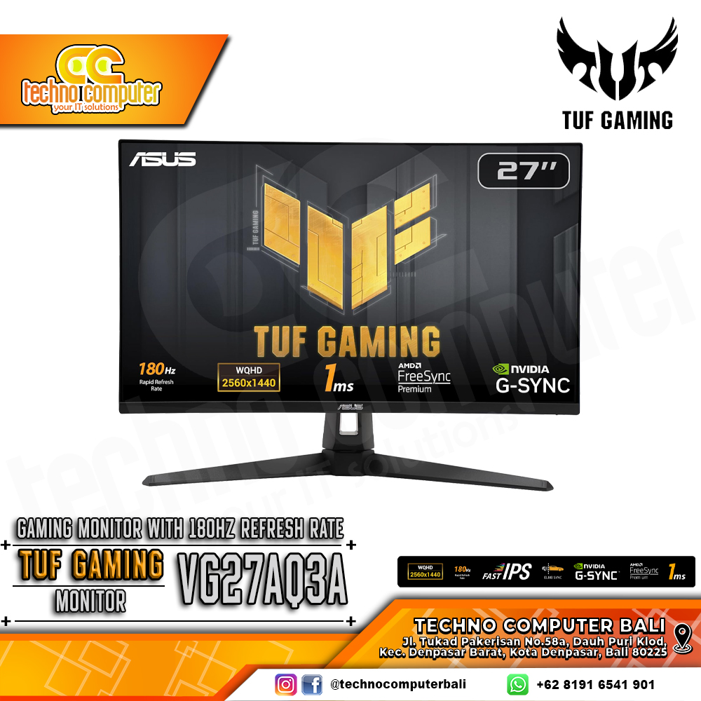 ASUS TUF GAMING VG27AQ3A Gaming Monitor - 27 inch, 2K QHD (2560 x 1440), Fast IPS, 180Hz, 1ms