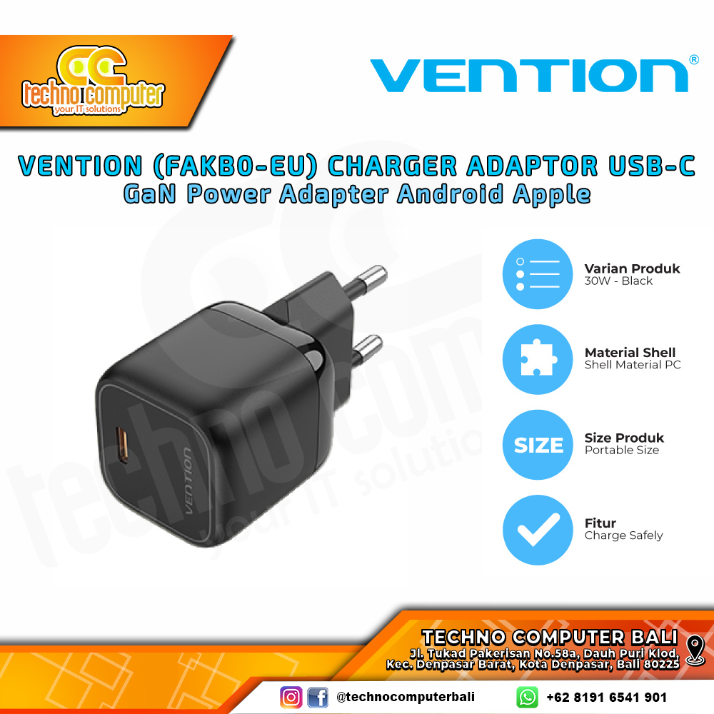 VENTION ADAPTOR GaN CHARGER USB-C 30W - FAKB0-EU BLACK