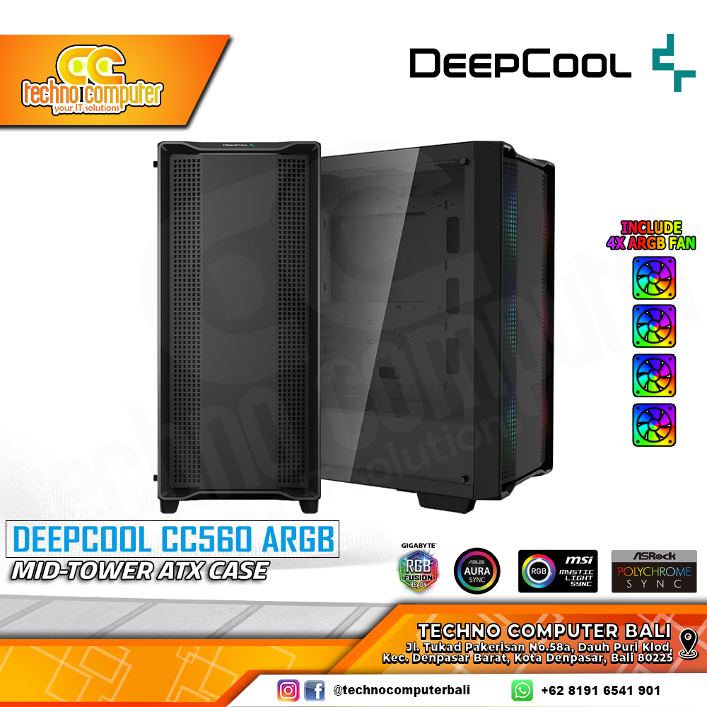 CASING DEEPCOOL CC560 ARGB - Mid Tower ATX Case Tempered Glass (Free 4x ARGB Fan)