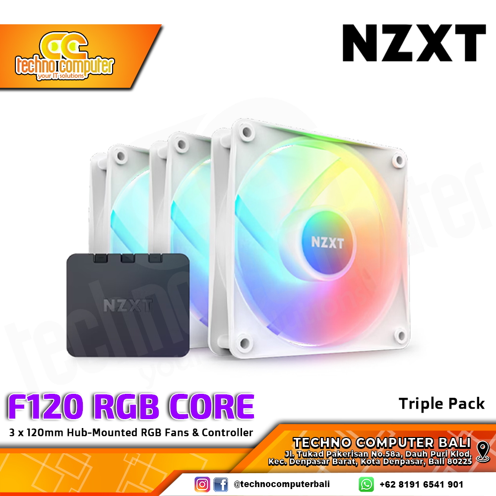 FAN CASING NZXT F120 RGB CORE WHITE - 120mm Triple Pack ARGB Fan with Controller