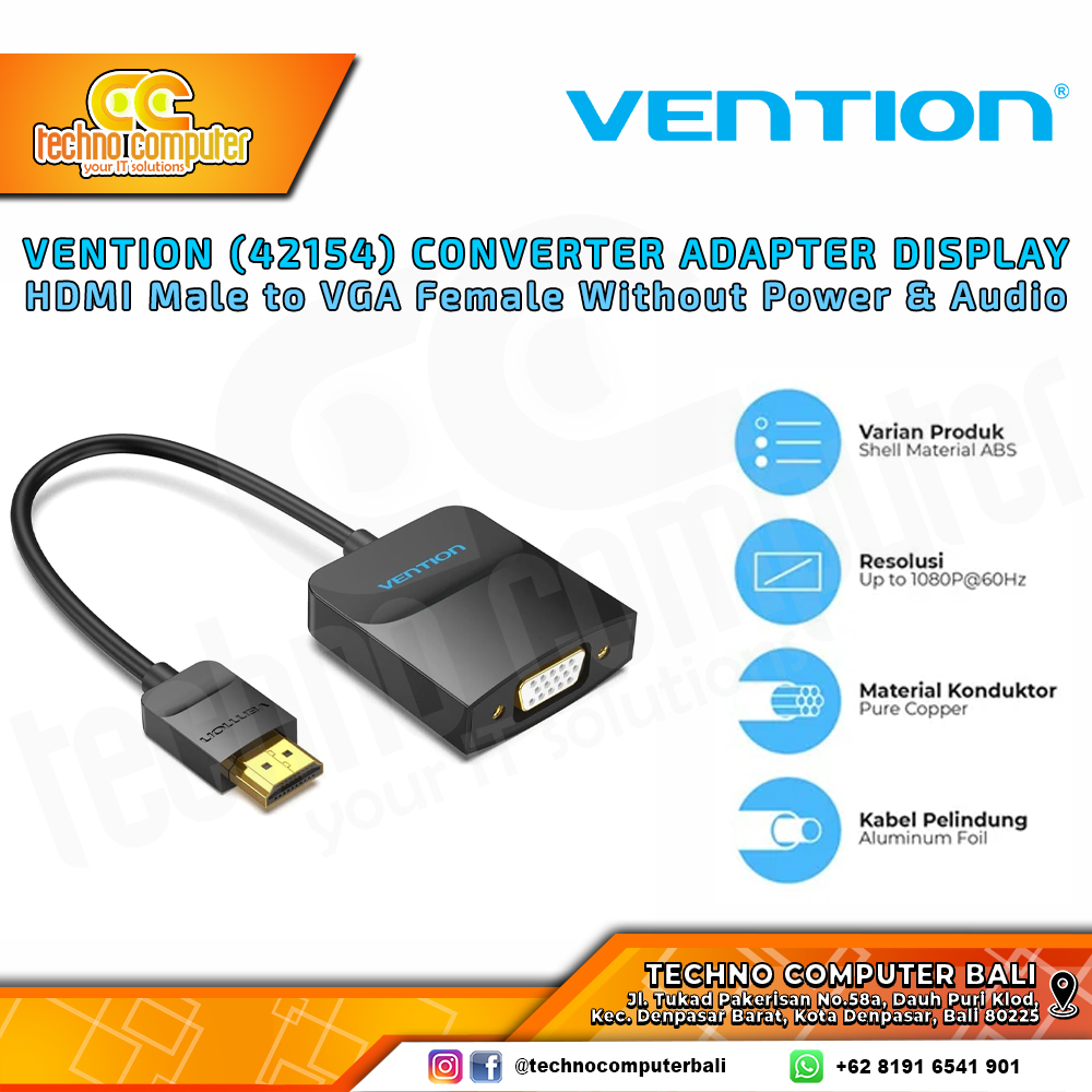 VENTION CONVERTER ADAPTER DISPLAY - HDMI Male to VGA Female Without Power & Audio - 42154