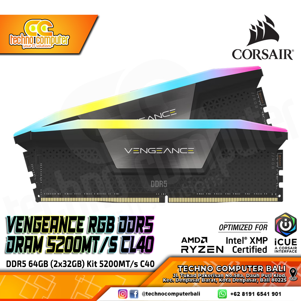 DDR5 CORSAIR VENGEANCE RGB 64GB (2x32GB) Kit 5200MHz CL40 - BLACK