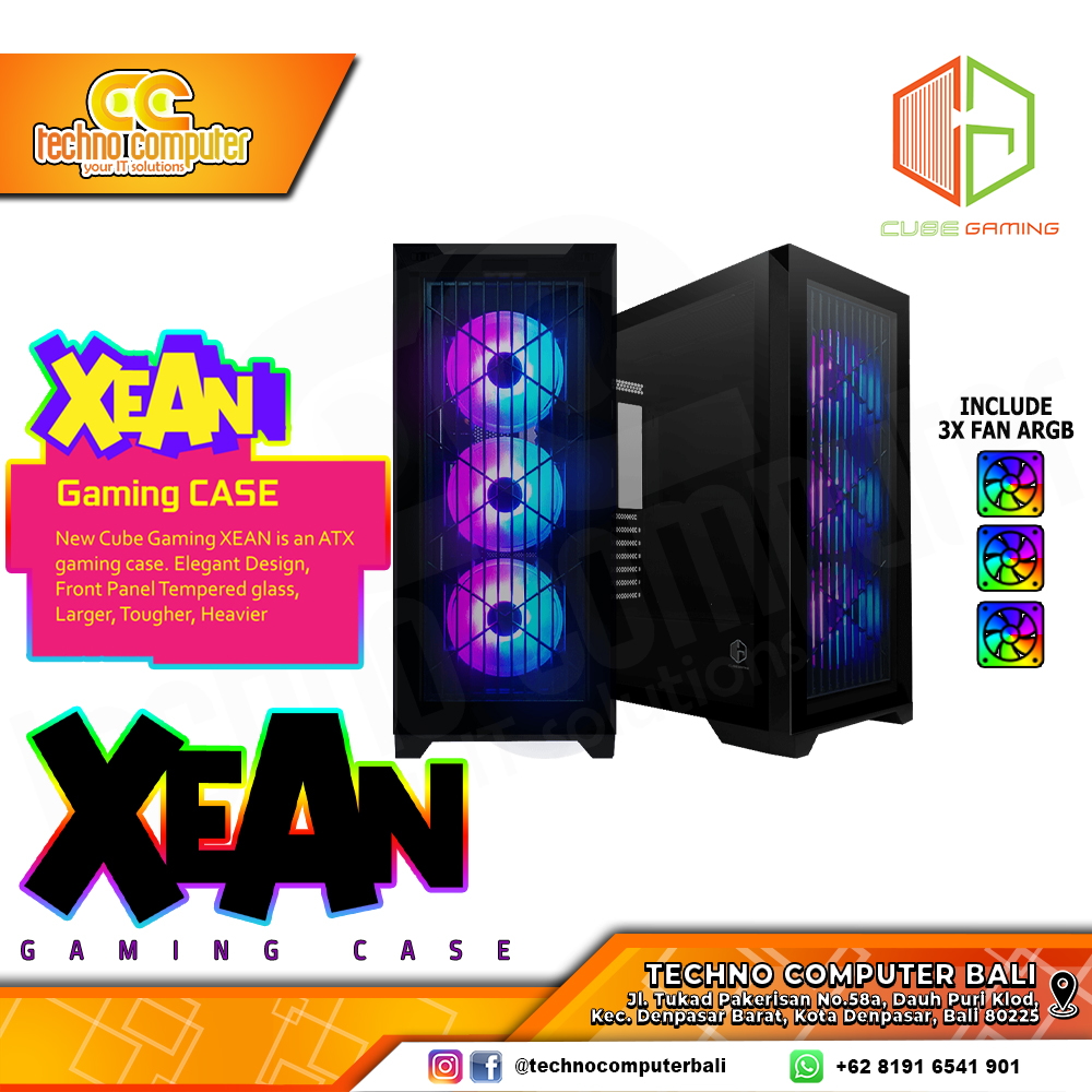 CASING CUBE GAMING PREMIUM XEAN - Mid Tower ATX Case Tempered Glass (Free 3x ARGB Fan)