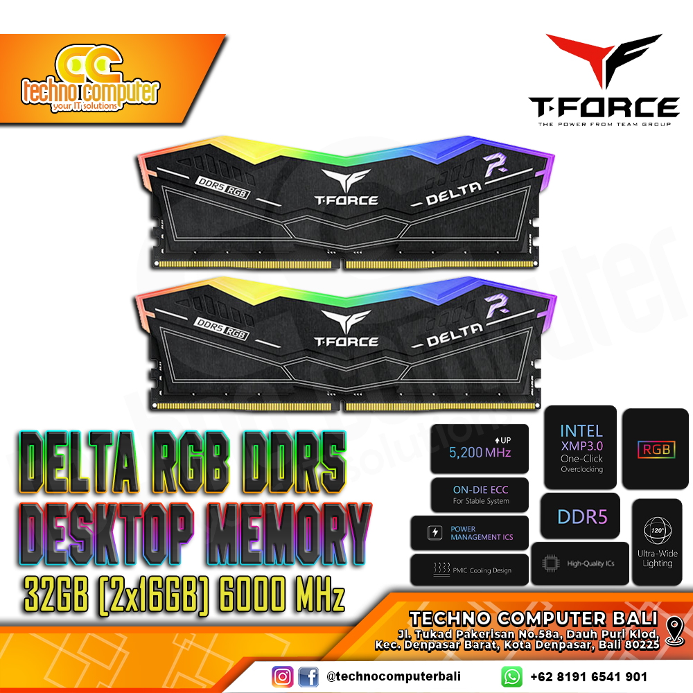 DDR5 TEAM T-FORCE DELTA RGB 32GB (2x16GB) Kit 6000Mhz CL38 - Black