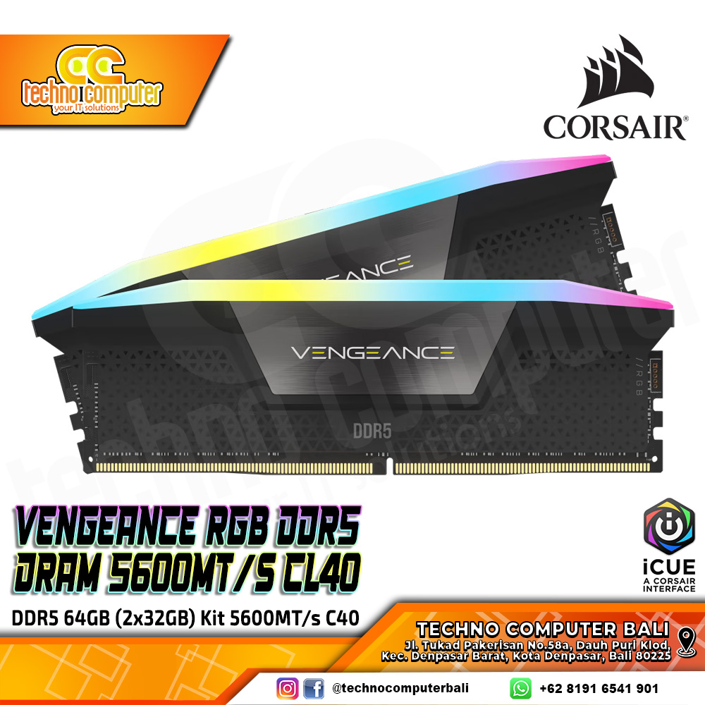 DDR5 CORSAIR VENGEANCE RGB 64GB (2x32GB) Kit 5600MHz C40 - BLACK