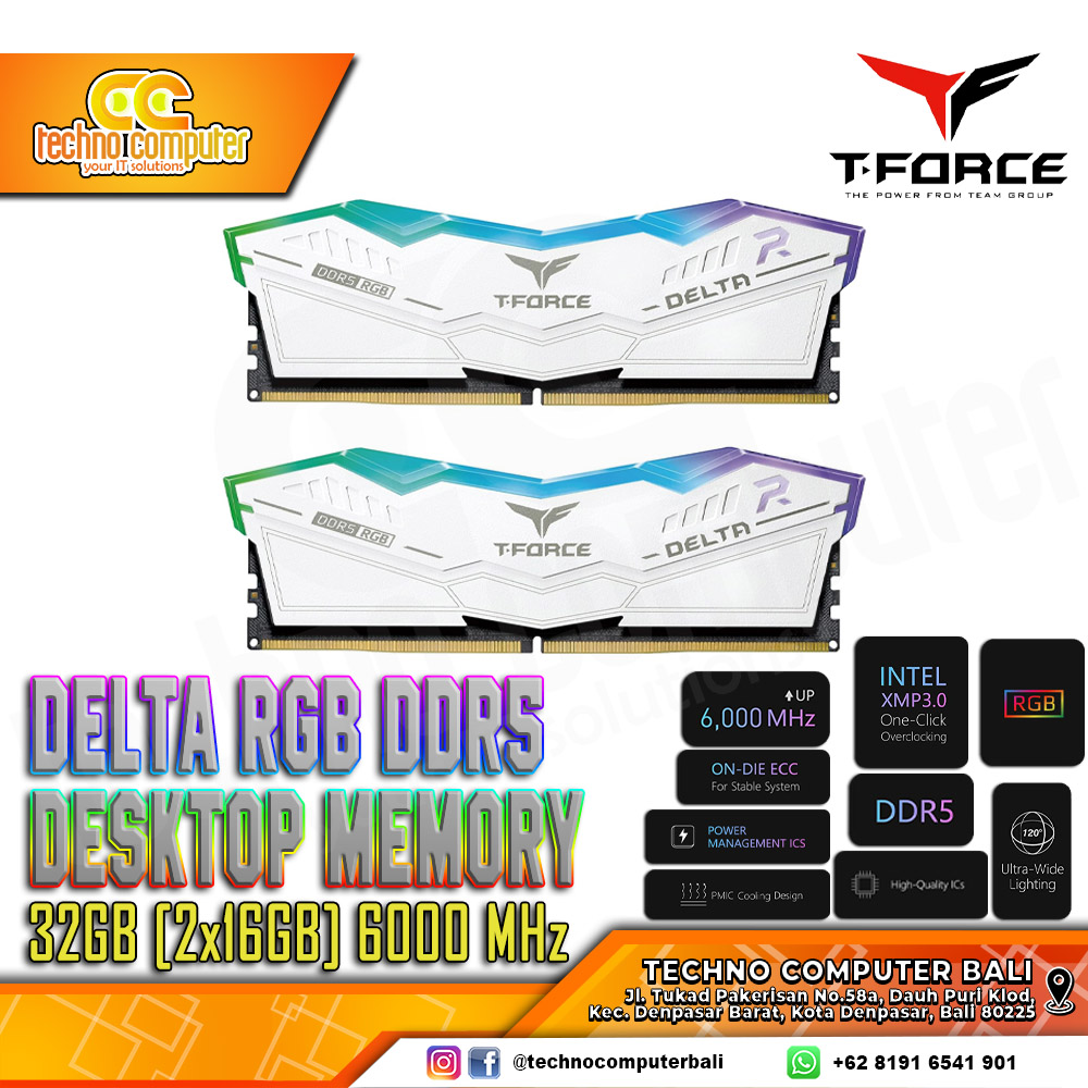 DDR5 TEAM T-FORCE DELTA RGB 32GB (2x16GB) Kit 6000Mhz CL38 - White