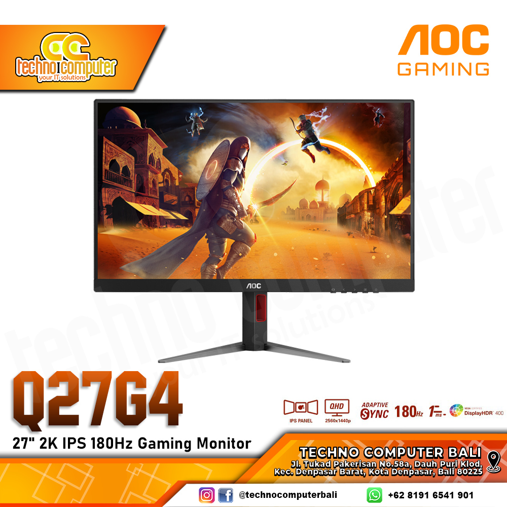 AOC Q27G4 Gaming Monitor - 27 inch, QHD (2560 x 1440), IPS, 180Hz, 1ms