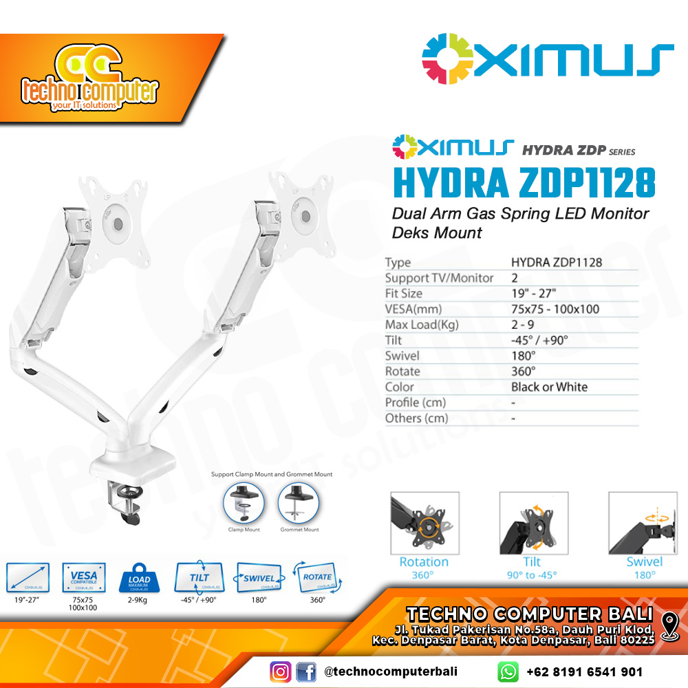 Bracket Monitor TV 19-34inch OXIMUS HYDRA ZDP1128 Gas Spring Dual Monitor - White
