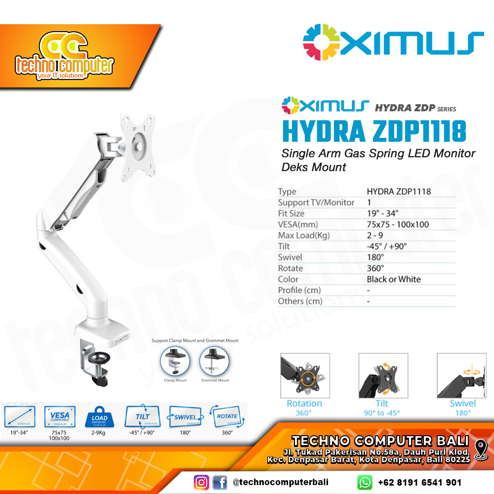 Bracket Monitor TV 19-34inch OXIMUS HYDRA ZDP1118 Gas Spring Single Monitor - White
