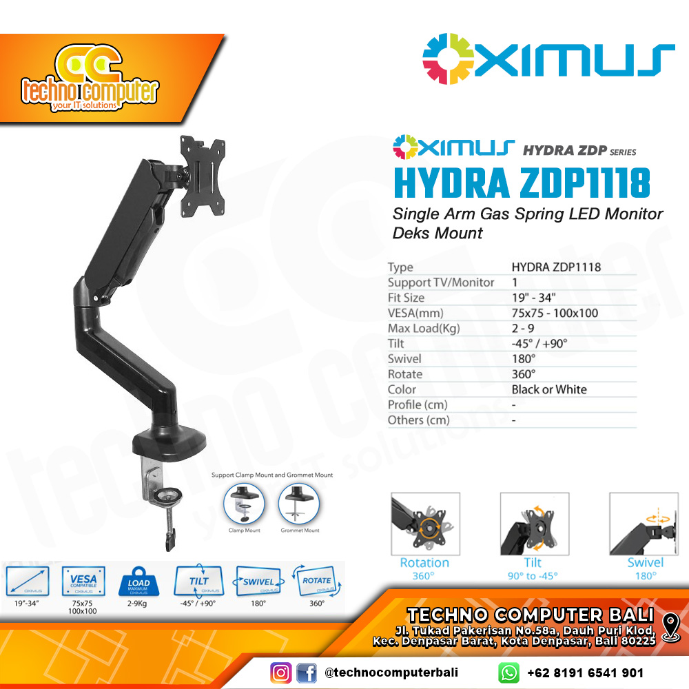 Bracket Monitor TV 19-34inch OXIMUS HYDRA ZDP1118 Gas Spring Single Monitor - Black