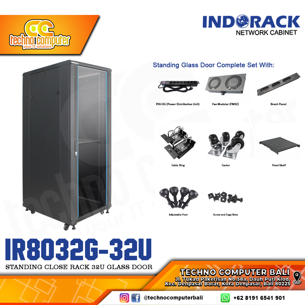 INDORACK IR8032G-32U - Standing Close Rack 32U Depth 800mm Glass Door 19Inch
