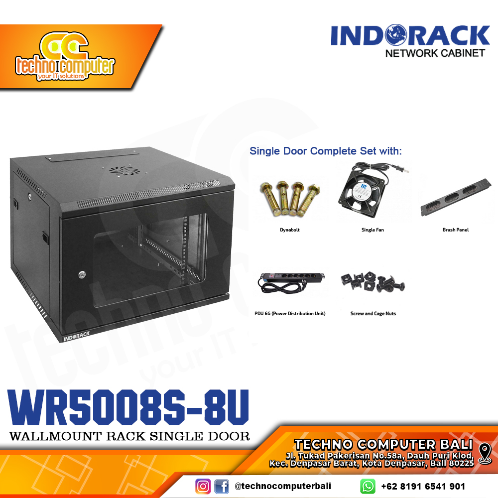 INDORACK WR5008S-8U - Wallmount Rack Single Door 8U Depth 500mm Glass Door 19Inch