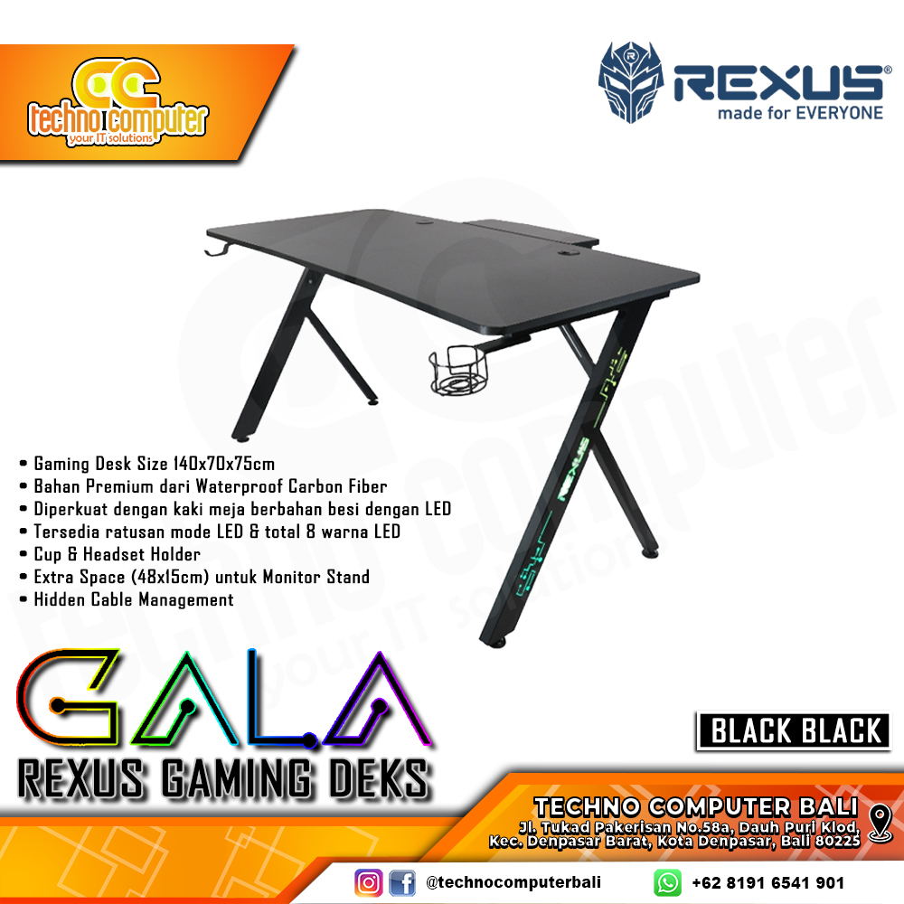 MEJA GAMING REXUS GALA RXD-140 RGB GAMING DESK With Headphone Hook & Cup Holder - BLACK/BLACK