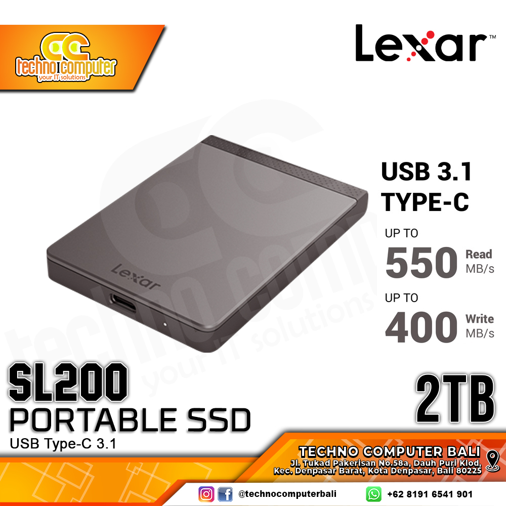 SSD EXTERNAL LEXAR SL200 PORTABLE SSD - Up to 550MB/s, USB Type-C 3.1 - 2TB