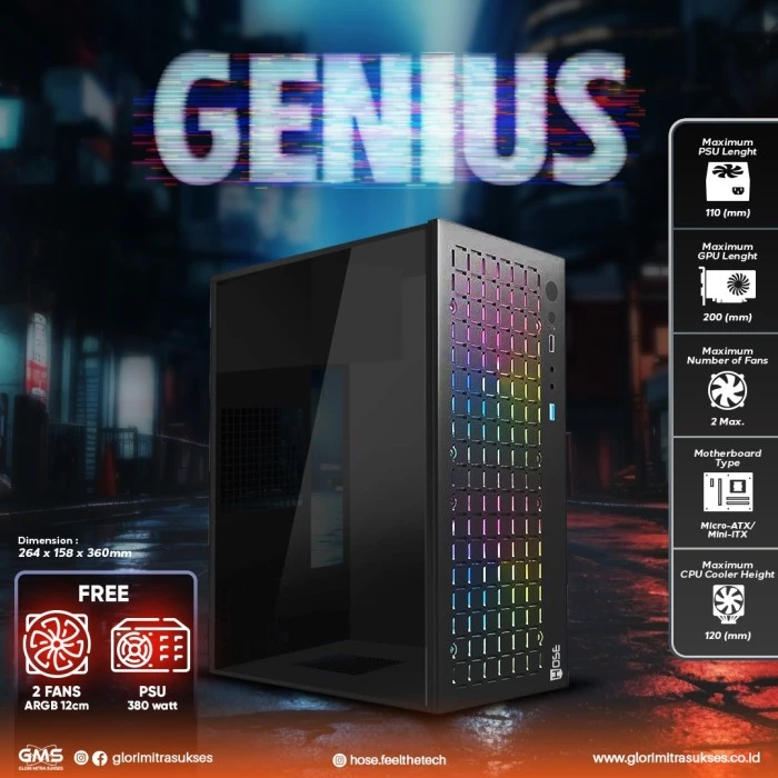 CASING HOSE GENIUS - Mid Tower mATX Case (Free 2x RGB Fan + PSU 380w)