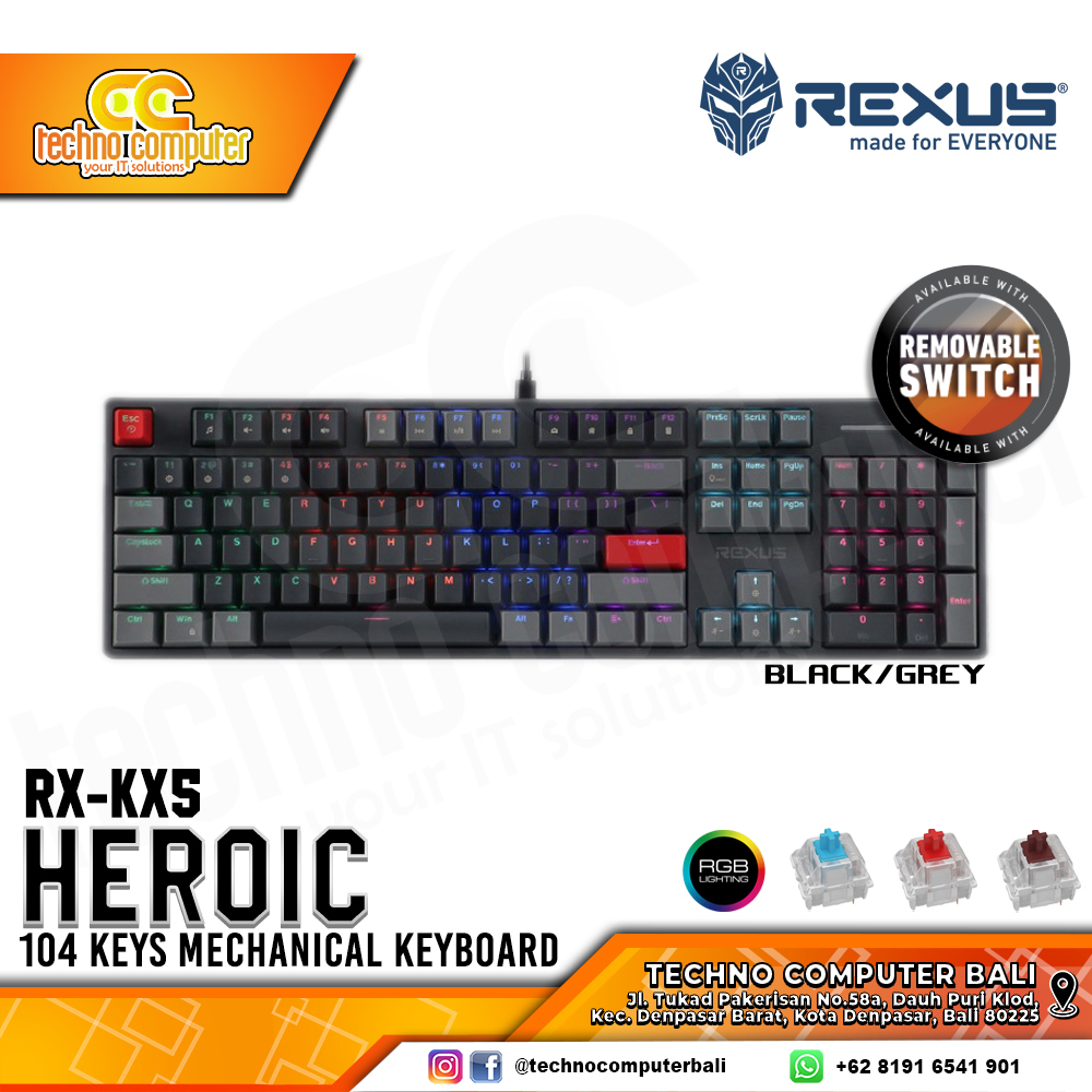 REXUS HEROIC KX5 Upgrade Black/Grey - Mechanical Red Switch - Gaming Keyboard