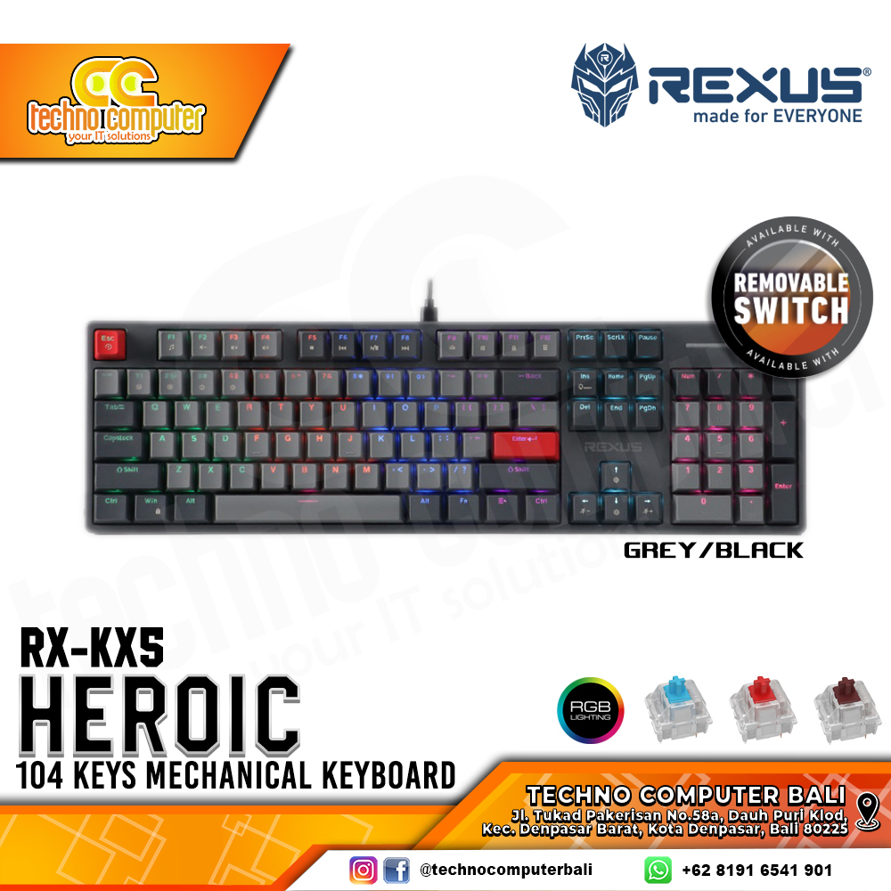 REXUS HEROIC KX5 Upgrade Grey/Black - Mechanical Blue Switch - Gaming Keyboard
