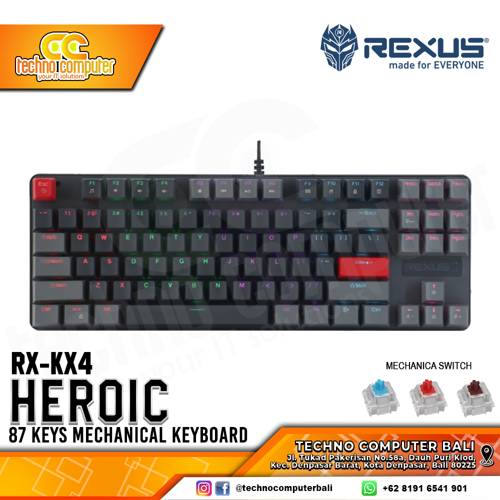 REXUS HEROIC KX4 Black/Grey - Mechanical Red Switch - Gaming Keyboard