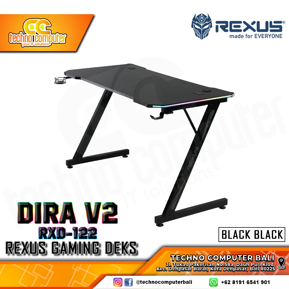MEJA GAMING REXUS DIRA V2 RXD-122 RGB GAMING DESK With Headphone Hook & Cup Holder - BLACK/BLACK