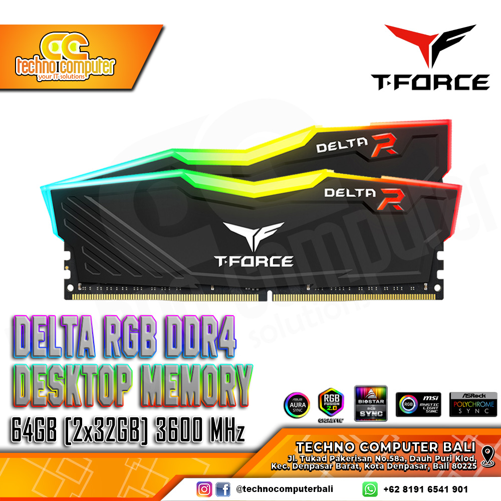 DDR4 TEAM T-FORCE DELTA RGB 64GB (2x32GB) Kit 3600Mhz - BLACK