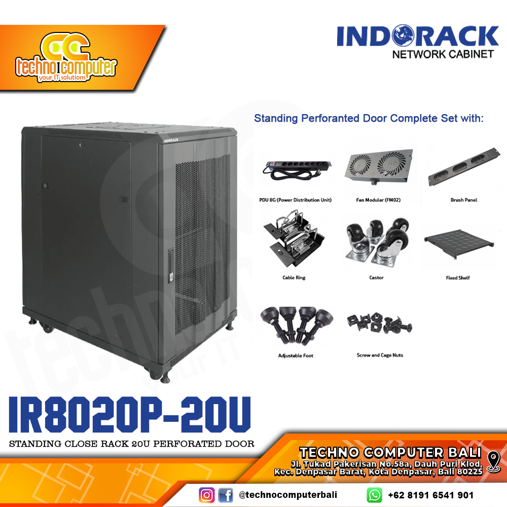 INDORACK IR8020P-20U - Standing Close Rack 20U Depth 800mm Perforated Door 19Inch