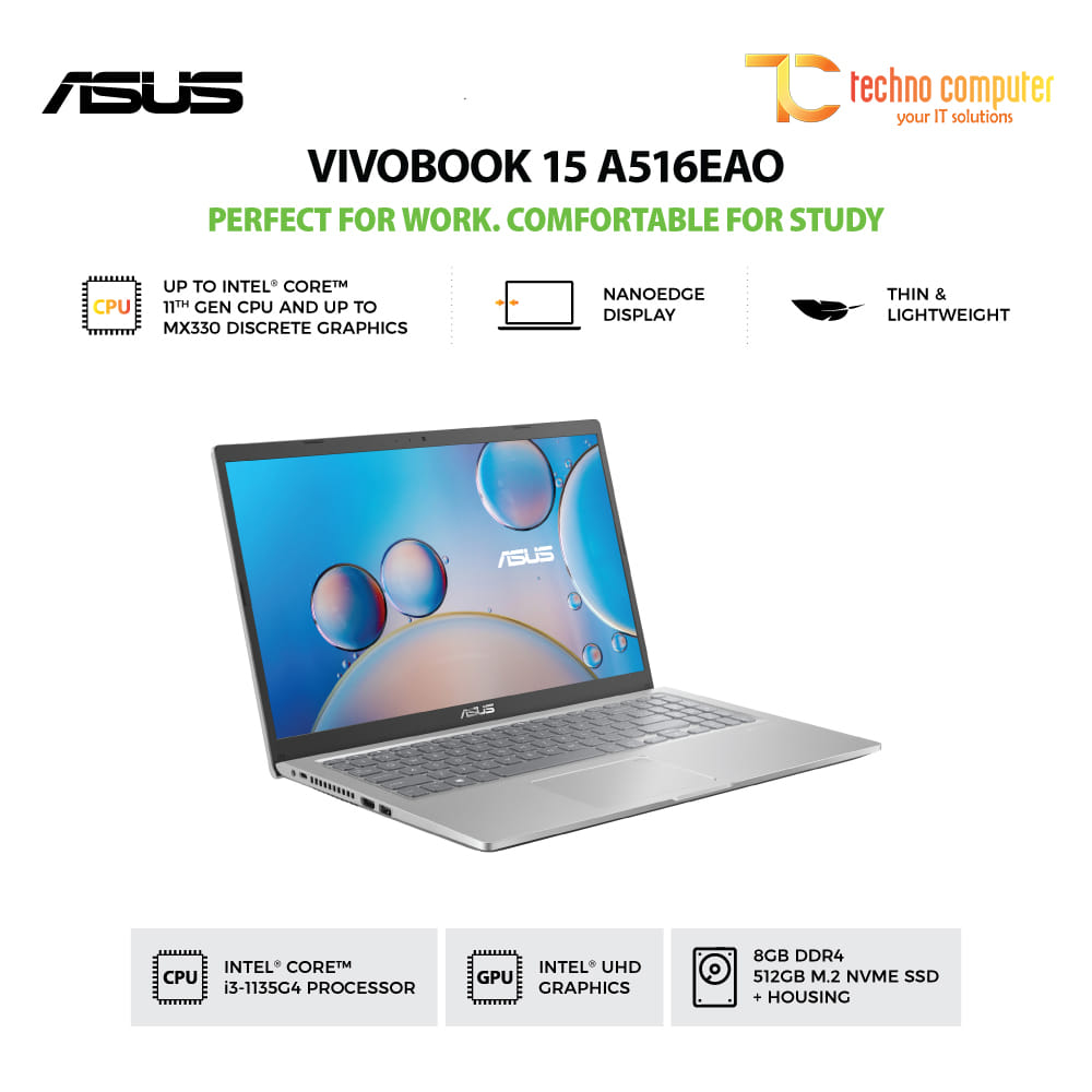 ASUS VivoBook 15 [A516EAO-VIPS353] Core i3-1115G4/RAM 4GB/SSD 512GB/Intel UHD/Win10 + OHS 2019