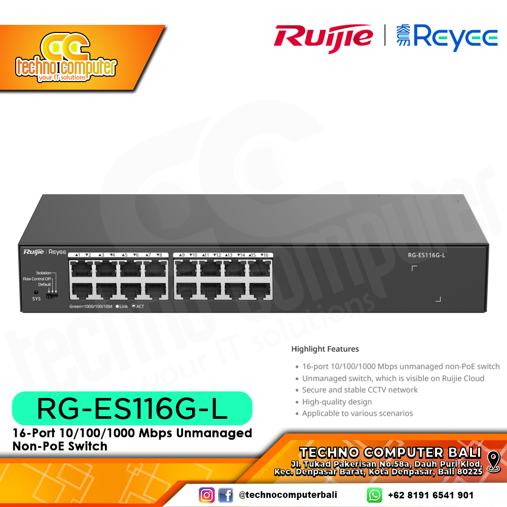 SWITCH HUB RUIJIE/REYEE RG-ES116G-L 16-Port Gigabit Unmanaged Switch Metal Case