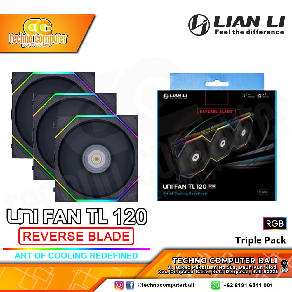 FAN CASING LIAN LI UNI FAN TL 120 REVERSE BLADE BLACK - 120mm Triple Pack ARGB Fan with Controller