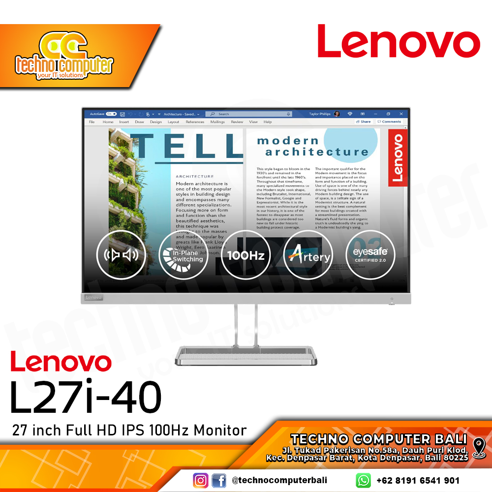 LENOVO L27i-40 LED Monitor - 27 inch, FHD (1920 x 1080), IPS, 100Hz