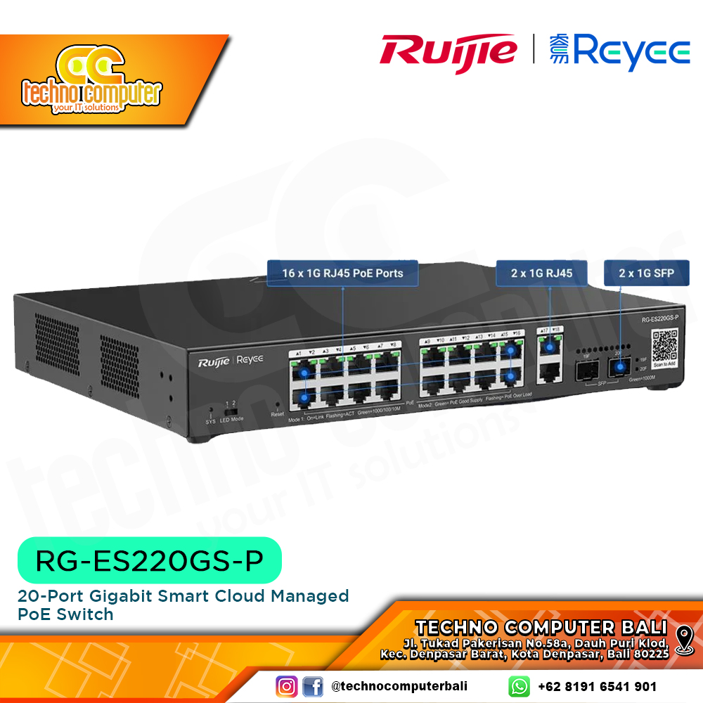 SWITCH POE RUIJIE/REYEE RG-ES220GS-P 20-Port Gigabit Smart Cloud Managed PoE Switch