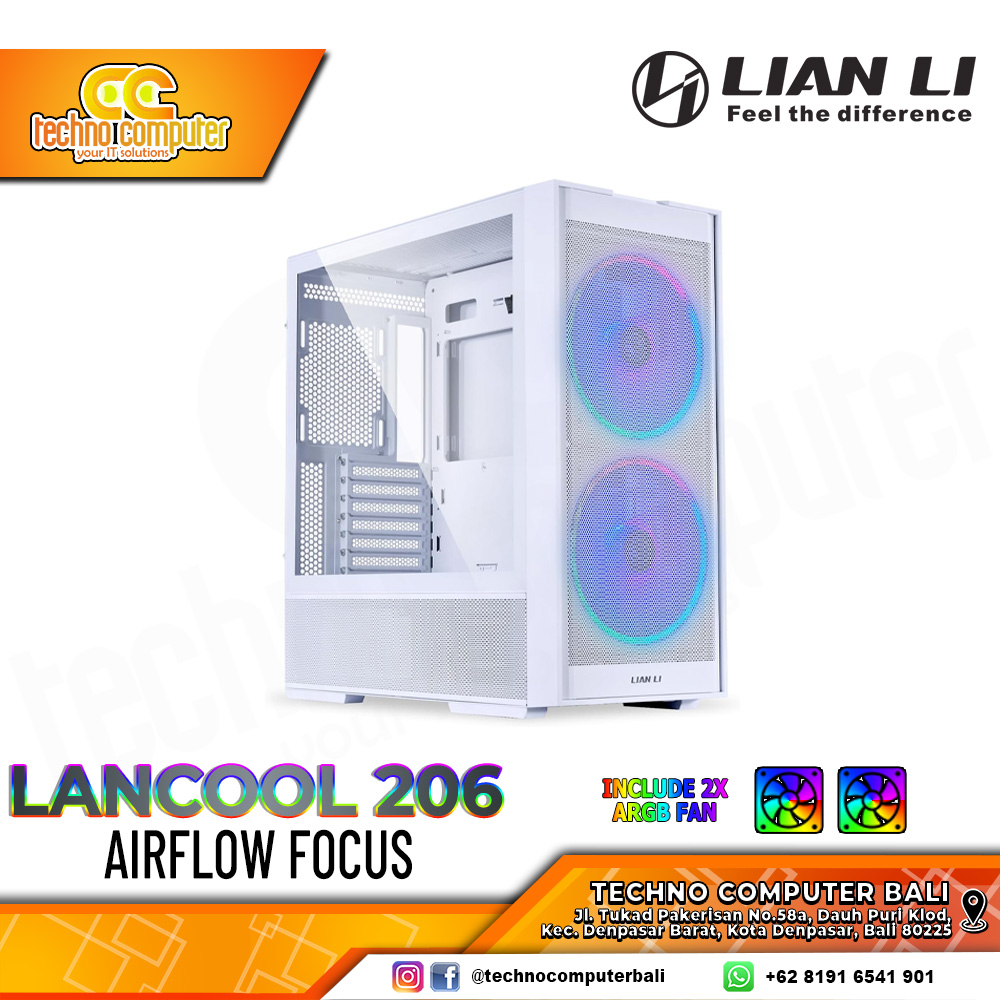 CASING LIAN LI LANCOOL 206 RGB White - Mid Tower ATX Case Tempered Glass (Free 2x ARGB Fan)