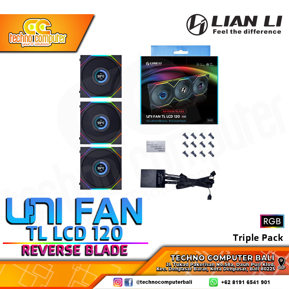 FAN CASING LIAN LI UNI FAN TL LCD 120 REVERSE BLADE BLACK - 120mm Triple Pack ARGB Fan with Controll