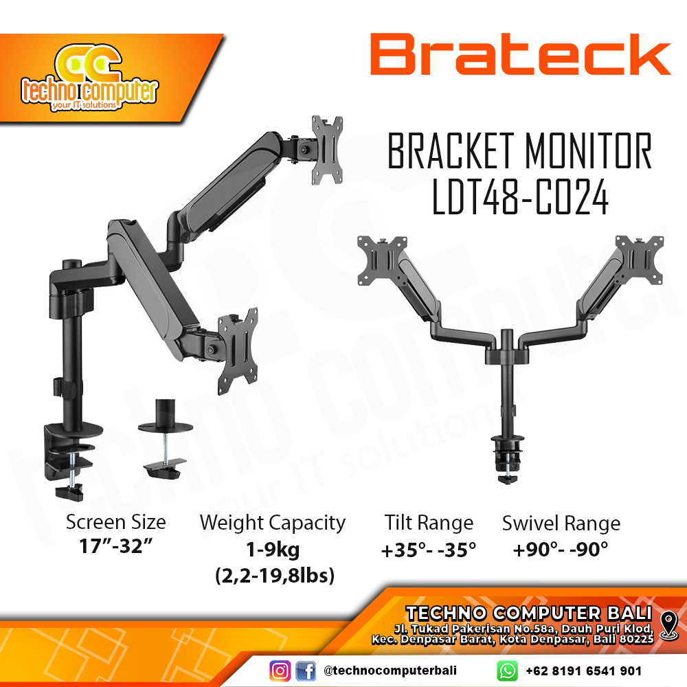 Bracket Monitor TV 17-32inch BRATECK LDT48-C024 Gas Spring Dual Monitor - Black