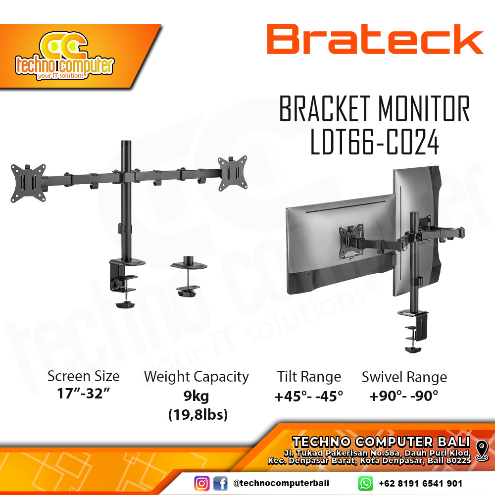Bracket Monitor TV 17-32inch BRATECK LDT66-C024 Articulating Dual Monitor - Black