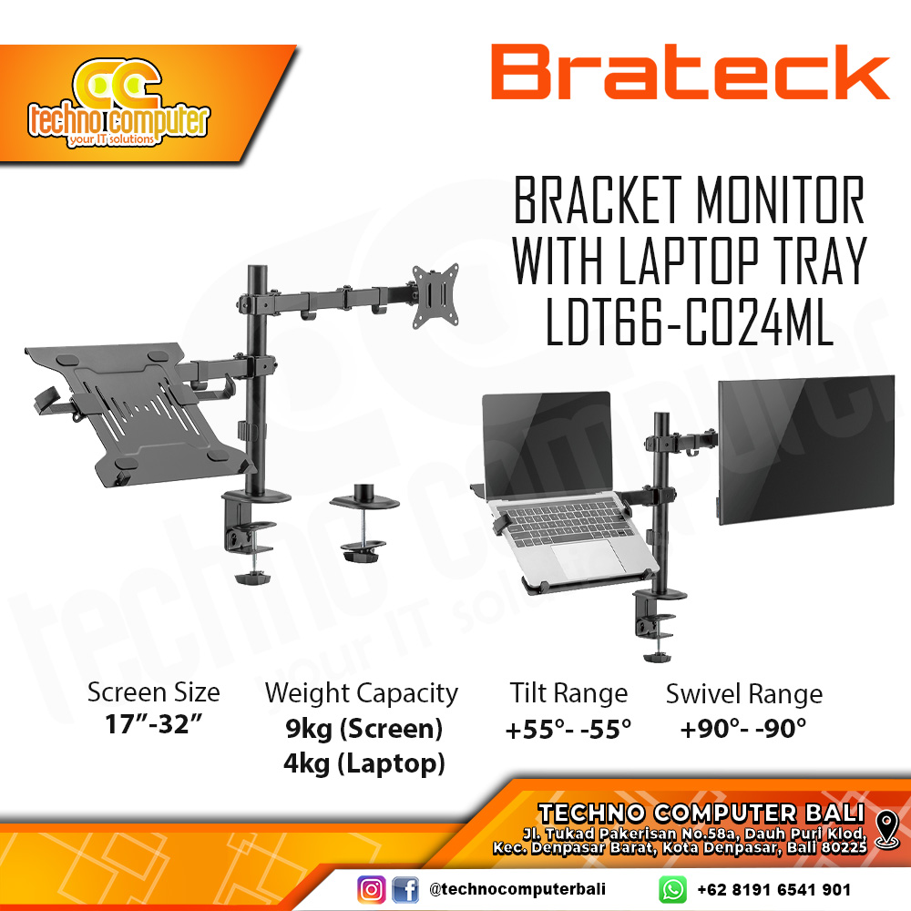 Bracket Monitor TV 17-32inch BRATECK LDT66-C024ML Articulating Single Monitor With Laptop Tray
